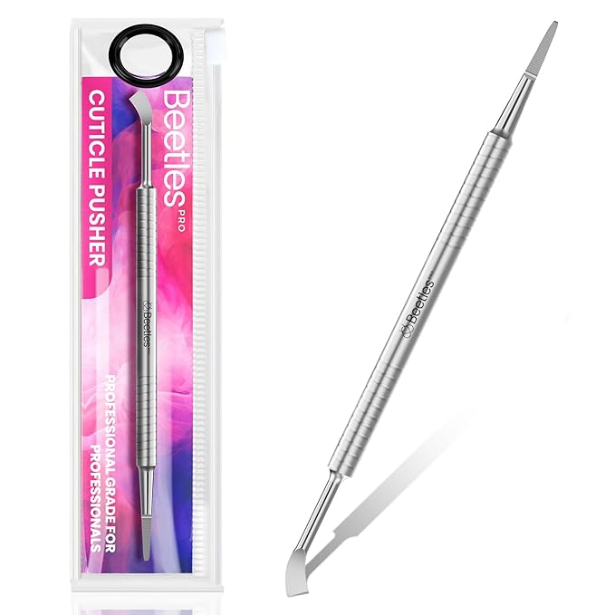 Beetles Pro 1-Pcs Dual-End Nail Pusher & Cuticle Cleaner - 14mm Serrated Edge & 5mm Curved Blade, Ergonomic Anti-Slip Handle, Professional Manicure Tool for Nail Care