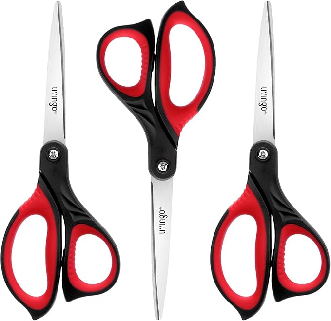 LIVINGO 8.5??Scissors All Purpose - Ultra Sharp Multipurpose 3 Pack Heavy duty Shears for Office, Home, School Sewing and Crafting Cutting Fabric, Paper, Red Comfort Grip