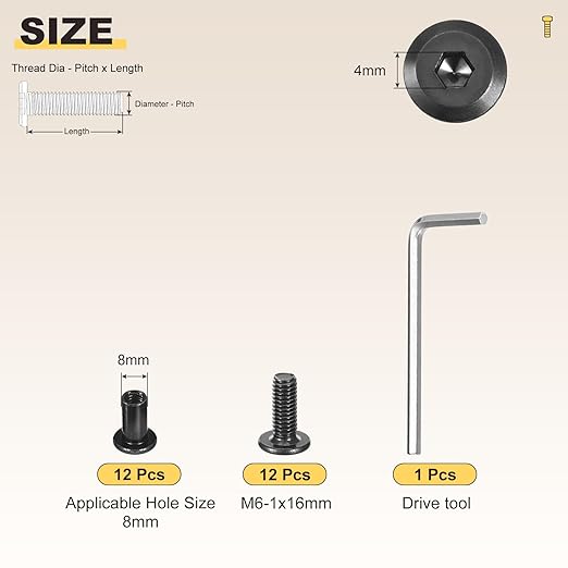 METALLIXITY Furniture Crib Screws Replacement Set with Wrench(M6-1x16mm) 24Pcs, Galvanization Connector Bolts M6 Screw Barrel Nuts Binding Screws, for Chair Cabinet Bed, Black