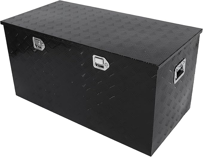 confote 48 Inch Heavy Duty Aluminum Stripes Plated Tool Box Pick Up Truck Bed RV Trailer Toolbox Waterproof Square Storage Organizer with Side Handle, Lock and Keys -48"x 24"x 24"，Black