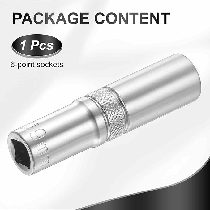 HARFINGTON 6 Points Deep Socket 1/4" Drive 9mm Deep Metric CR-V Steel Polished Nickel Plating Flip Sleeve 50mm / 2" Extra Long Socket Tool for Home Auto Nuts Bolts Repair