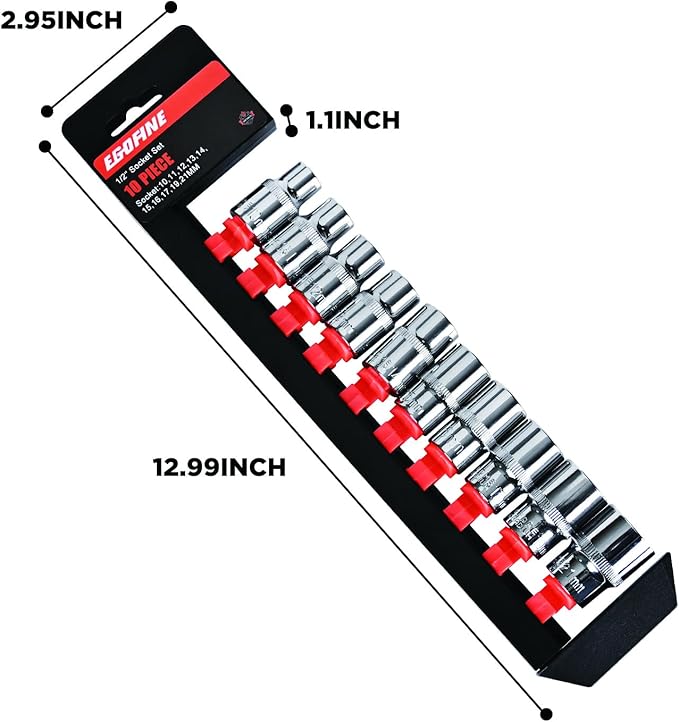 Egofine 10PCS 1/2??Drive Standard Socket Set,Shallow and Metric Socket Set竊?0mm-21mm,6 Point,With Hanging Bracket,Cr-V Steel