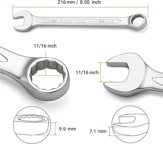 Jetech 11/16 Inch Combination Wrench, Industrial Grade Spanner with 12-Point 15-Degree Offset Chrome Vanadium Steel Forged Heat-Treated, SAE
