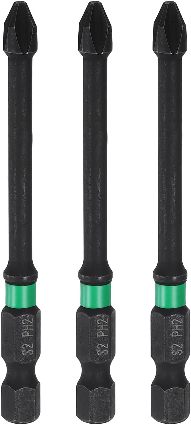 HARFINGTON 3pcs #2 Impact Phillips Screwdriver Bit PH2 1/4" Hex Shank 3" (75mm) Long 0.16" Rod Magnetic Cross Head Drill Bits S2 Steel Industrial Screw Driver for Impact Power Drivers
