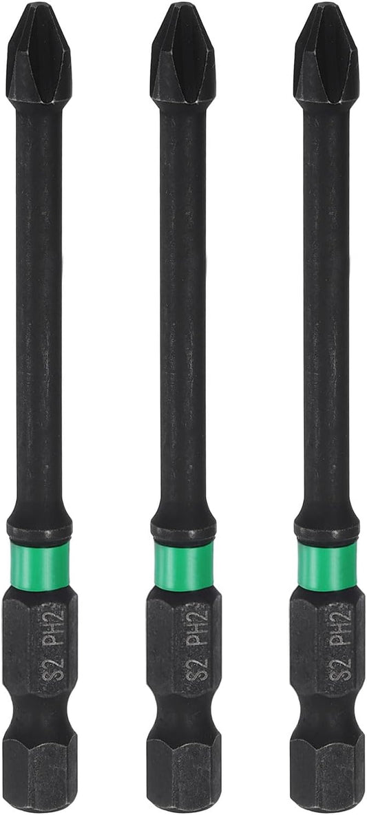 HARFINGTON 3pcs #2 Impact Phillips Screwdriver Bit PH2 1/4" Hex Shank 3" (75mm) Long 0.16" Rod Magnetic Cross Head Drill Bits S2 Steel Industrial Screw Driver for Impact Power Drivers