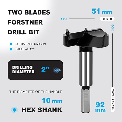 2 Inch Forstner Drill Bit Carbide Tipped,Woodworking Hinge Cutter for Precise Flat Bottom Holes in Hard Wood,Plywood,Plastic - Professional Grade
