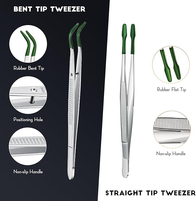 2 Piece Tweezers with Rubber Tips Set - Bent and Straight Flat Tips Tweezers PVC Coated for Stamp Coins Jewelry Crafts, Electronics(Silver, Green)