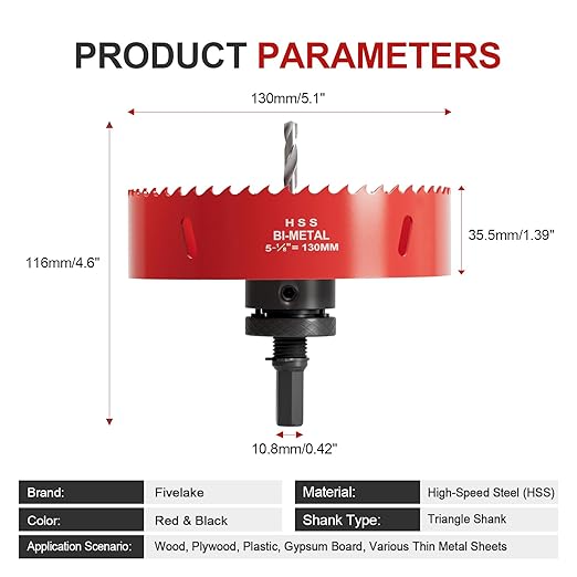 5-1/8" (130mm) Bi-Metal M42 High Speed Steel Hole Saw with Pilot Drill Bit, Smooth Cutting Edge for PVC, Drywall, Wood, Plastic, Gypsum Board, Rubber, Thin Metal