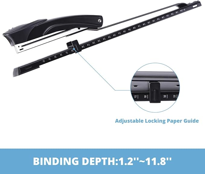 Long Reach Stapler,with 2000 Staples & Stapler Remover Full Strip竊?0-25 Sheet Capacity,with Built-in Ruler and Adjustable Locking Paper Guide, Black