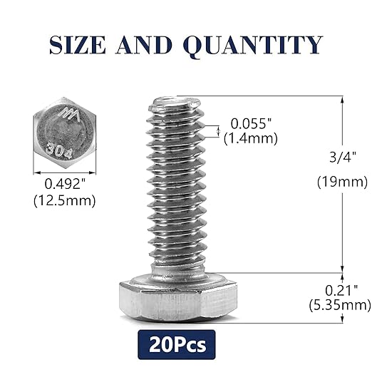 5/16-18 x 3/4" Hex Head Screw Bolt, 20Pcs 18-8 (304) Stainless Steel, Fully Threaded, Plain Finish, by SG TZH