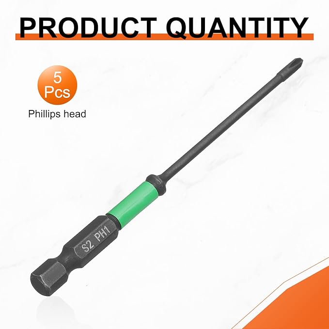 HARFINGTON 5pcs #1 Impact Phillips Screwdriver Bit PH1 1/4" Hex Shank 4" (100mm) Length 0.1" Rod Magnetic Cross Head Drill Bits S2 Steel Industrial Screw Drivers for Impact Power Tools
