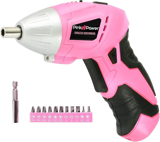 Pink Power Cordless Screwdriver Set - 3.6V Electric Screwdriver Rechargeable Screw Gun Kit - Automatic Mini Pink Drill Set for Women - Portable Small Drill Battery Powered Screwdriver LED Light