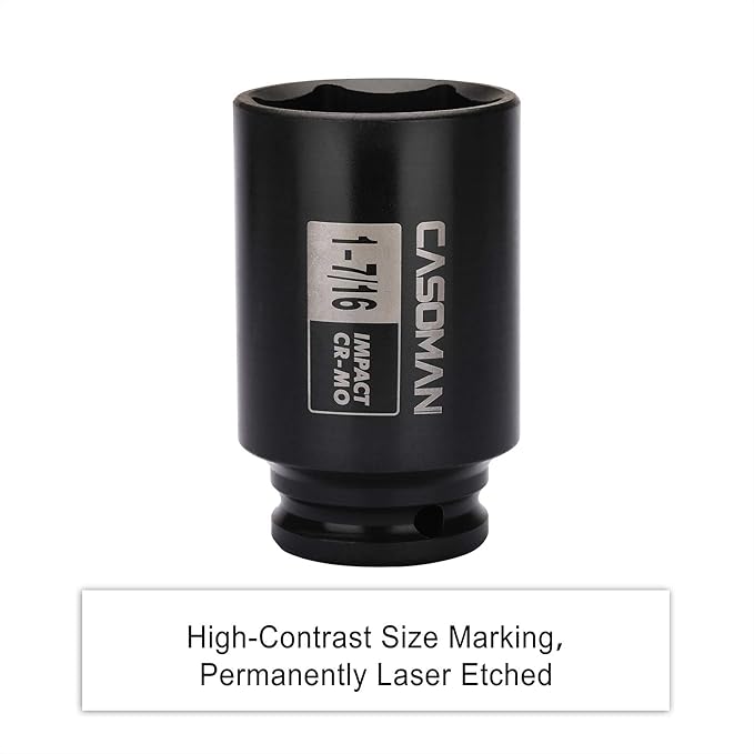 CASOMAN 6-Point 1/2-Inch Drive Deep Impact Socket- 1-7/16" (SAE), CR-MO, 1/2-inch Drive 6 Point Axle Nut Socket for Easy Removal of Axle Shaft Nuts (1-7/16")