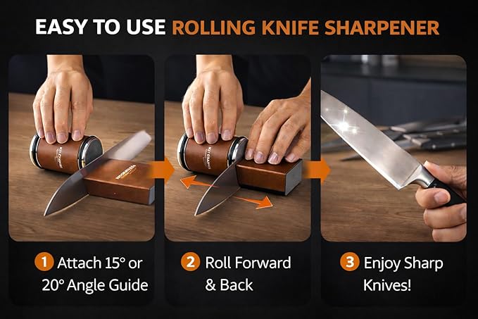 Rolling Knife Sharpener tool ??Knife Sharpener kit with Diamond and Ceramic for All Steel Hardness ??Easy Kitchen Knife Sharpening Kit with 15째 and 20째 Angle Guides