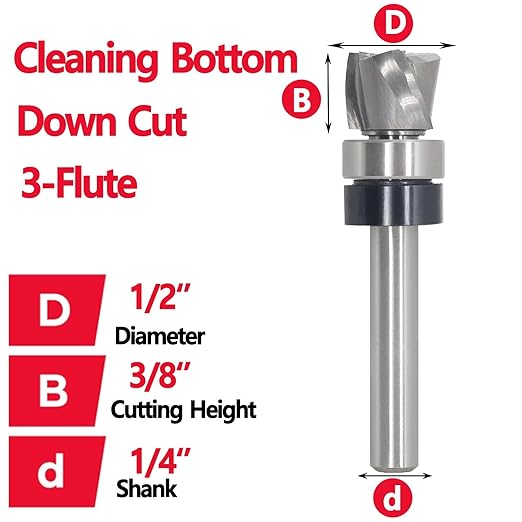 Flush Trim Router Bit 1/4 Shank, Down-Cut Carbide Head 3-Flute, 1/2" Diameter, 3/8" Cutting Length, Pattern Template Spiral Flush Trim Router Bit, for Grooves, Bottom Cleaning, Wood Trimming