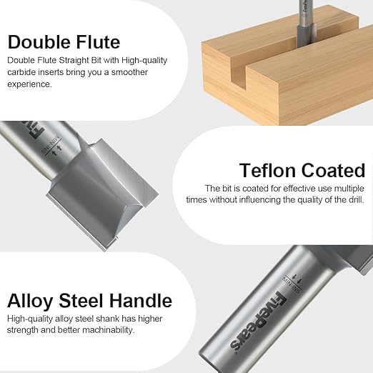 FivePears Straight Router Bits 1/2 Inch Shank Double Flute, 3/4 Inch Cutting Diameter, 3/4 Inch Cutting Length, Used for Create Groove, Dado or Hollow