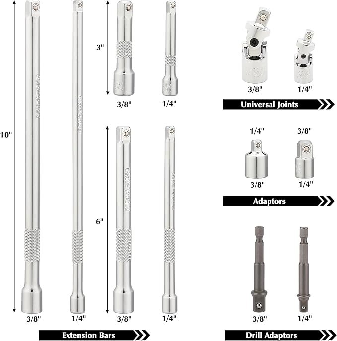 EMENTOL 17PCS 1/4" and 3/8" Drive Socket Accessory Set, with Spark Plug Sockets, Extension Bars, Adaptors, Impact Universal Joint, Professional Drive Socket Accessories