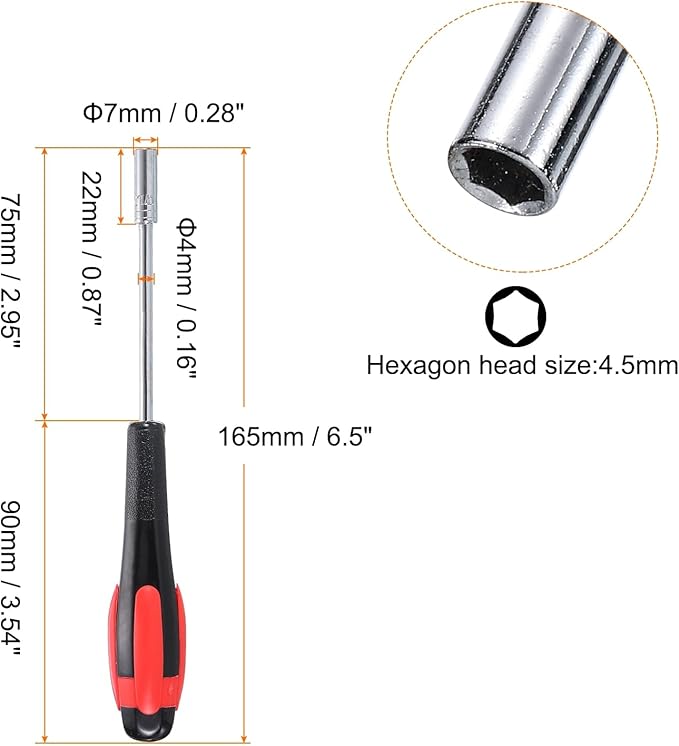 HARFINGTON Metric Nut Driver 4.5mm Dia 75mm Shank Non-Magnetic 6 Point Hex Socket Screwdriver with Non-Slip Handle for Tightening and Loosening Fasteners