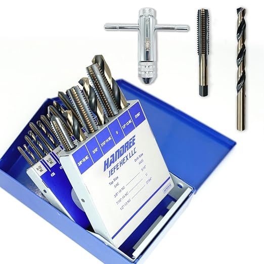 JEFEHEX 18pcs Drill and Tap Set with 1 Piece T-Handle Ratchet Tap Wrench, Tap Range 6-32NC??/2"-13NC, Black and Gold Premium HSS Jobber Length Drill Bits and Hand Plug Taps with Metal Indexed Box