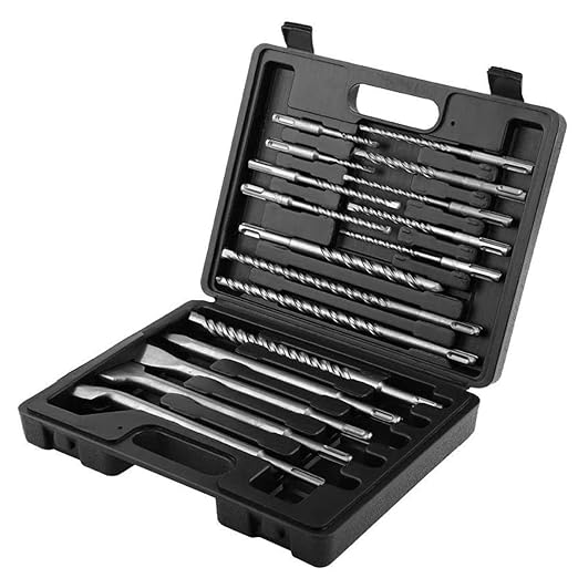 SagaSave 17 PCS Rotary Hammer SDS Plus Drill Bits & Chisel Set, Carbide Tipped Concrete Masonry Hole Tool with Storage Case for Drilling Concrete, Masonry, Bricks and Stone Black