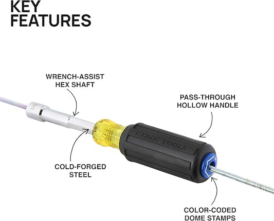 Klein Tools 65438 Heavy-Duty Hollow Shaft Nut Driver, Color-Coded 3/8-Inch Hex, Pass Through Design, 6-Point Socket, and Cushion-Grip Handle