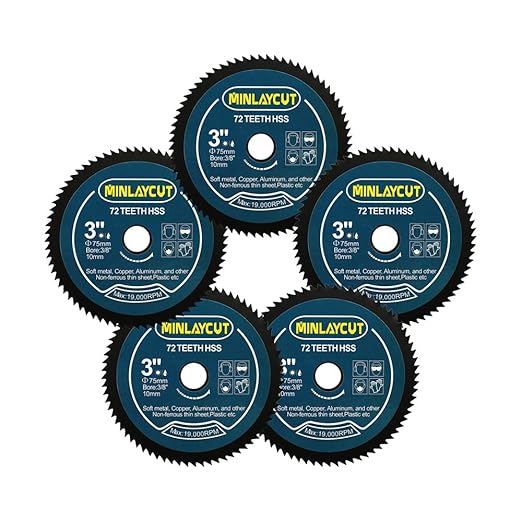 HSS Mini Saw Blade 3inch - MINLAYCUT 72T 10mm Bore Cutting Discs 5pcs 75mm for Wood, Copper, Aluminum, Plastic and Soft Metal