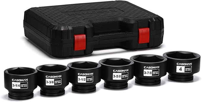CASOMAN 6-Piece 1" Drive Shallow Spindle Axle Nut Impact Socket Set, 6-Point, Standard Large Socket Set, SAE (3-1/4" to 4"), CR-MO Steel, with Storage Case