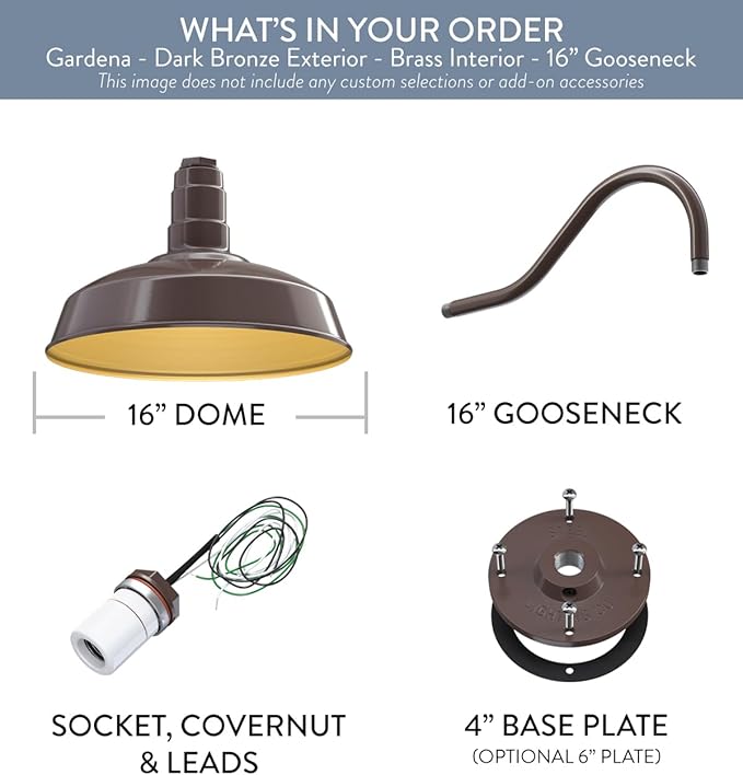 Steel Lighting Co. | Dusk to Dawn | Gardena Barn Light | Outdoor Wall Mounted | 16" Dome | 16" Gooseneck | Farmhouse Light Made in America | Dark Bronze/Brass