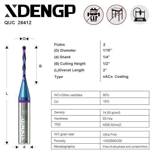 Up Cut Ball Nose Router Bit for CNC, 1/16 inch Cutting Diameter and 1/2 inch Cutting Length 1/4 inch Shank with NACO Coated Carbide Spiral End Mill for Wood 2D/3D Carving