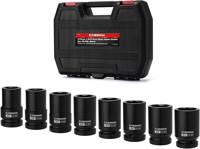 CASOMAN 8 Pieces 1-Inch Drive Deep Impact Socket Set, CR-MO, Metric, 6-Point, Heavy Duty Wheel Impact Socket Set