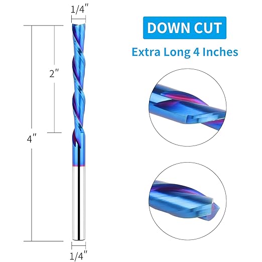 Spiral Router Bits with Downcut 4 inch Extra Long1/4 inch Cutting Diameter 2 inch Cutting Length, Solid Carbide CNC Router Bit Carving Tool