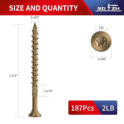 #9 x 2-1/2" Deck Screws (187Pcs) 2lb. Carbon Steel, Yellow, Flat Head, Rust Resistant epoxy Coated, with T25 Star Bit