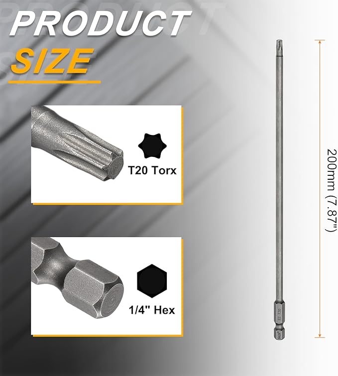 HARFINGTON 2pcs T20 Torx Head Screwdriver Bit 1/4" Hex Shank 7.87" (200mm) Long Magnetic No Hole Tip Tamper Proof 6 Point Star Screw Driver Drill Bits S2 Steel Industrial Power Screwdrivers