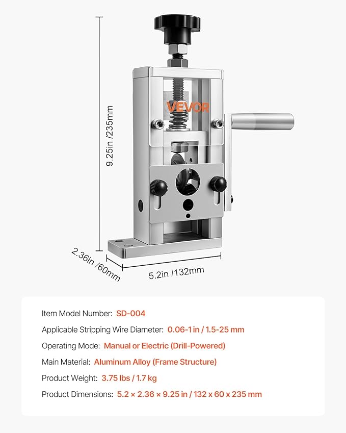 VEVOR Manual Wire Stripping Machine, 0.06-1 in, Copper Stripper with Hand Crank or Drill Powered, 64Mn Quenched Blades, 45# Steel Rollers, Aluminum Alloy Frame Wire Peeler, for Scrap Copper Recycling