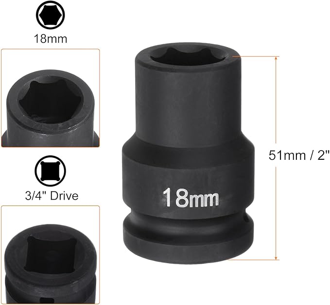 HARFINGTON 6-Point Impact Socket 3/4" Drive 18mm Metric 40Cr Alloy Steel Spindle Axle Nut Impact Socket