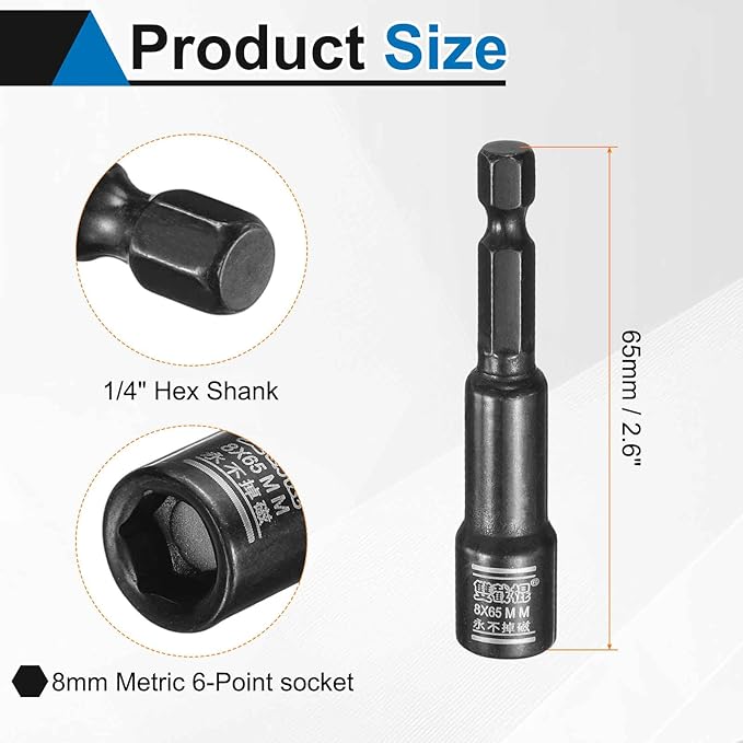 HARFINGTON Nut Driver Drill Bit 8mm Metric Socket 1/4" Hex Shank 2.6" (65mm) Long Magnetic 6-Point Sockets Quick Change CR-V Steel Bolt Setters for Power Drill Drivers