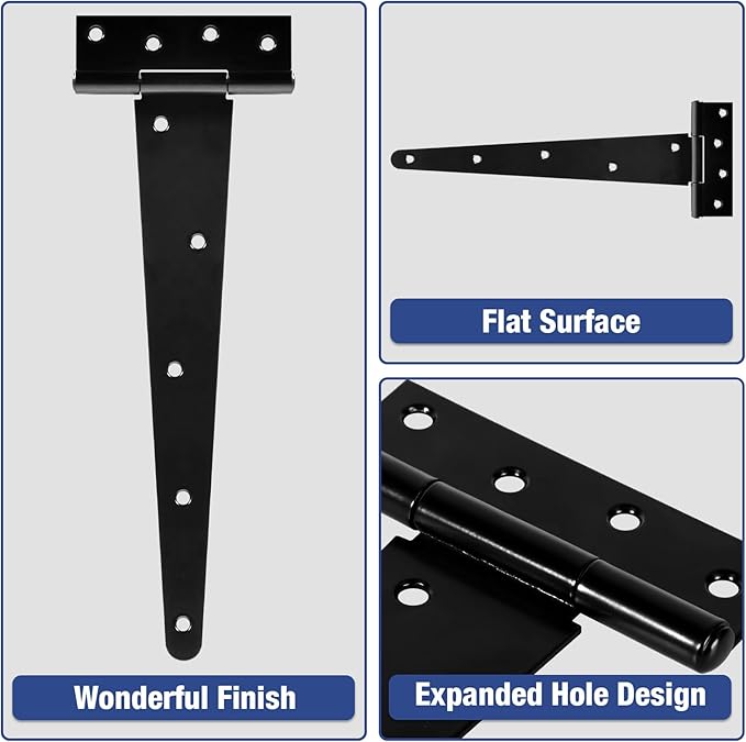 TDCHINGES 12 Inch Heavy Duty T Strap Tee Hinge 6 Pack Barn Farm Fence Gate Door Hinges for Shed Doors Outdoor Kitchen Wood Cabinet Interior Exterior Window Bar Shop Matte Blake Door Hinge Hardware