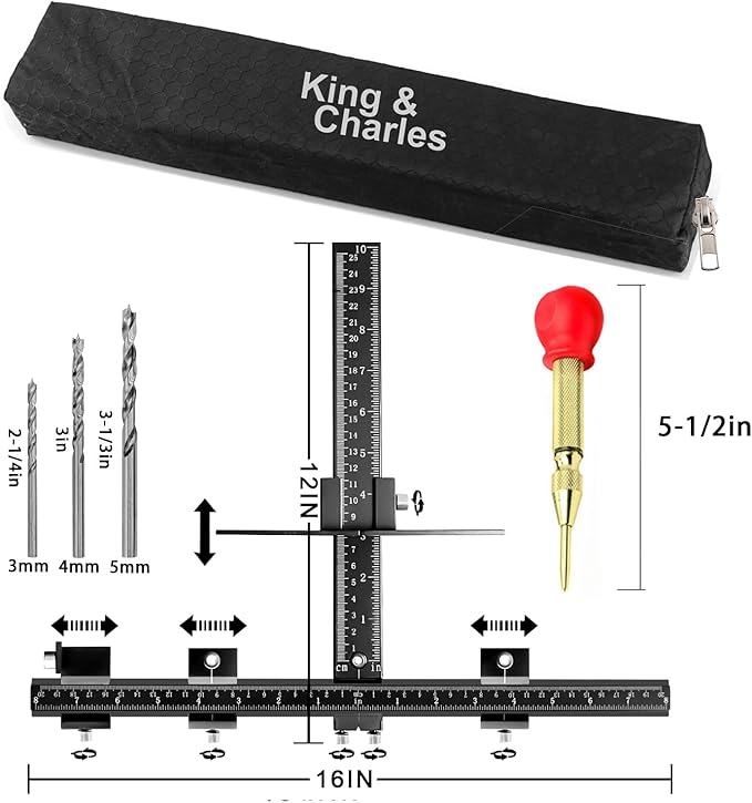 King&Charles Cabinet Hardware Jig, Aluminum Alloy Cabinet Handle Jig + Auto Hole Punch + Point Drils Bits, Use for Handles Knobs Pulls on Drawers/Doors, Wood Drilling Dowelling Guide Set.