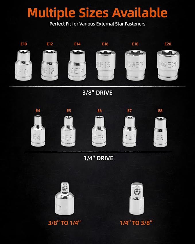 13-Piece E-Torx Socket Set with 6-Point Star Design - E4 to E20 Sizes, 1/4??& 3/8??Drive, Hardened CR-V Steel, Impact Wrench Compatible, Sturdy Molded Case