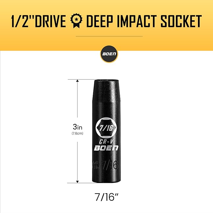 BOEN 1/2" Drive Deep Impact Socket,7/16 Inch Premium Socket,SAE,6 Point,Cr-V Steel with Laser Marking - Strong and Durable