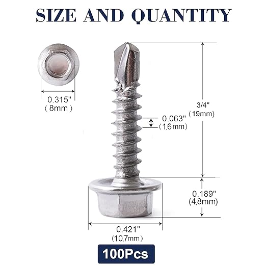 #10 x 3/4" Sheet Metal Screws 100PCS 410 Stainless Steel Hex Washer Head Fast Self Tapping Screws by SG TZH