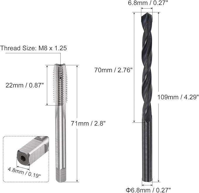 uxcell Metric Tap and Drill Bit Set, M8 x 1.25 Thread Tap & 6.8mm Black Oxide Twist Drill Bit, Straight Flute Tap Tapping Threading Repair Tool Kit