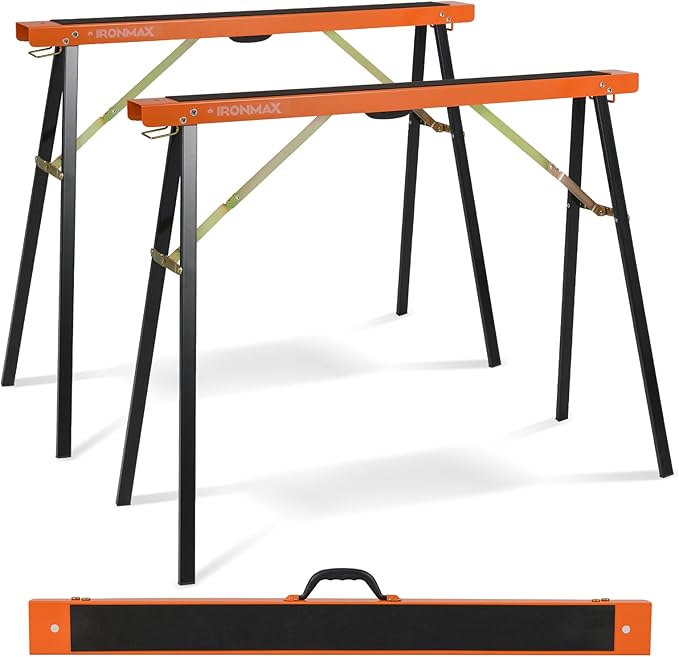 Goplus Saw Horses 2 Pack , Portable Heavy-Duty Galvanized Metal Power Tool Stand w/ Non-slip Top & Hinge Brace, Quick-Folding Saw Horses w/ Carrying Handle for Woodworking