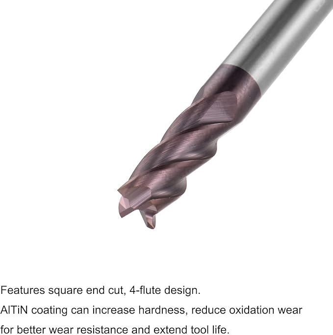 uxcell Square Nose End Mill, 4mm Tip Dia Solid Carbide AlTiN Coated CNC Router Bits 4 Flute Spiral Milling Cutter HRC55 with 4mm Shank 100mm (4-inch) Length