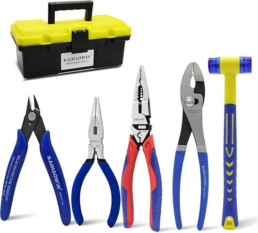 KAIHAOWIN 6-Piece Tool Set with Case, 8.8??Long Nose, Slip Joint Pliers,5??Needle Nose, 5" Flush Cutter, Rubber Mallet for Repairing & Home Use