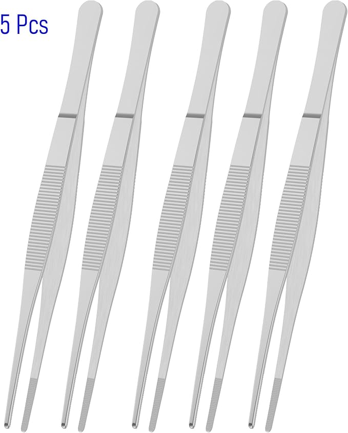 5 PCS 5.5 Inch Stainless Steel Tweezers, with Straight Round Blunt Serrated Tip, 0.07 Inch Thickness Stainless Steel, Multipurpose Daily Garden Home Lab Craft Repairing Tool