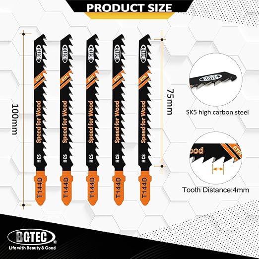 5PCS T Shank Jigsaw Blades Set - BGTEC HCS(SK5) Jig Saw Blades for Wood, Plastic Cutting(T144D)