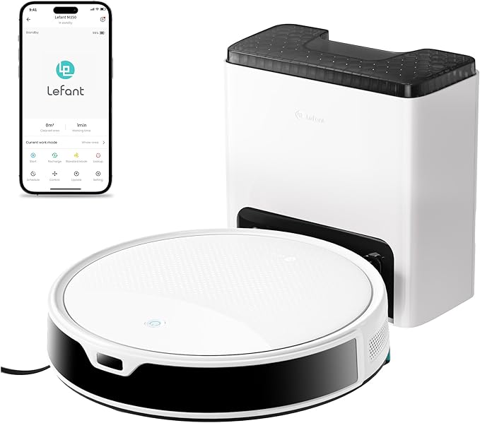 Lefant M350 Robot Vacuum and Mop Combo, 40-Day Self-Emptying, 190째 PSD Obstacle Avoidance,6000Pa Suction竊똒uiet,Smart Navigation,Self-Charging, for Hard Floor, Carpet, Pet Hair,150 Min Runtime.White