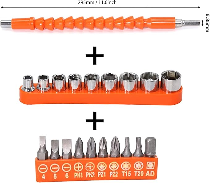 Flexible Drill Bit Extension, 11.6inch Bendable Drill Bit Extension, Universal 1/4 Flexible Extension for Drill Adaptor Hex Set Orange (21 PCS)