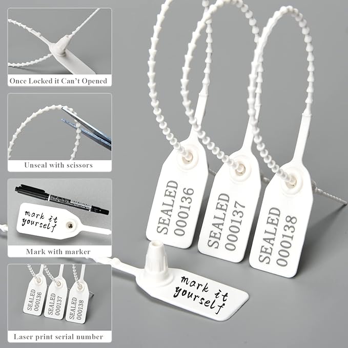 Plastic Tamper Seals, Zip Ties for Fire Extinguishers Pull Tite Security Tags Numbered Disposable Self-Locking Tie 250mm Length (100 PCS, White)